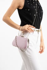 POLKIA Pembe Saten Kumaş Puantiye Desenli Zincir Askılı Klips Kapamalı Clutch Çanta