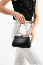 POLKIA Siyah Saten Kumaş Puantiye Desenli Zincir Askılı Klips Kapamalı Clutch Çanta