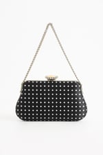 POLKIA Siyah Saten Kumaş Puantiye Desenli Zincir Askılı Klips Kapamalı Clutch Çanta