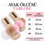 POMELLA Kadın Bej Çift Ponponlu Peluş Bantlı Kaymaz Tabanlı Önü Açık Ev Terliği