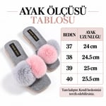 POMELLA Kadın Gri Çift Ponponlu Peluş Bantlı Kaymaz Tabanlı Önü Açık Ev Terliği