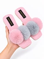 POMELLA Kadın Pembe Çift Ponponlu Peluş Bantlı Kaymaz Tabanlı Önü Açık Ev Terliği