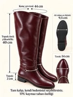 RUSTLE Kadın Bordo Kırışık Cilt Metal Halka Detaylı Sıcak Astarlı Kaymaz Taban 3 Cm Topuklu Uzun Konç Çizme