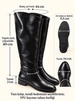 RUSTLE Kadın Siyah Kırışık Cilt Metal Halka Detaylı Sıcak Astarlı Kaymaz Taban 3 Cm Topuklu Uzun Konç Çizme