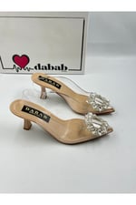 Sawko Kadın Şeffaf Güneş Taş Detaylı Arkası Açık 7 cm Abiye Stiletto Topuklu Ayakkabı