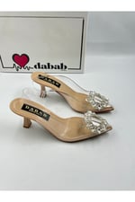 Sawko Kadın Şeffaf Güneş Taş Detaylı Arkası Açık 7 cm Abiye Stiletto Topuklu Ayakkabı
