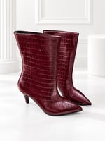 SELVIA Kadın Bordo Kroko Cilt Sivri Burun İçi İnce Kürklü 8 Cm İnce Topuklu Orta Konç Bot Bootie
