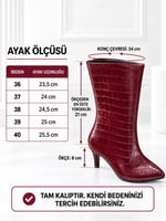 SELVIA Kadın Bordo Kroko Cilt Sivri Burun İçi İnce Kürklü 8 Cm İnce Topuklu Orta Konç Bot Bootie