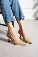 SNAPE Kadın Bej Yılan Desenli Sivri Burun 7 cm Topuklu Slingback Ayakkabı