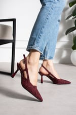 SNAPE Kadın Bordo Yılan Desenli Sivri Burun 7 cm Topuklu Slingback Ayakkabı