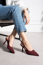 SNAPE Kadın Bordo Yılan Desenli Sivri Burun 7 cm Topuklu Slingback Ayakkabı