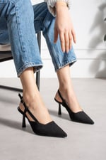 SNAPE Kadın Siyah Yılan Desenli Sivri Burun 7 cm Topuklu Slingback Ayakkabı