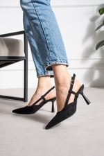 SNAPE Kadın Siyah Yılan Desenli Sivri Burun 7 cm Topuklu Slingback Ayakkabı