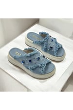 Taly Kot Mavi Süet Taşlı Rahat Kalın Taban Günlük Terlik