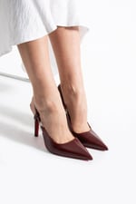 VELMORA Kadın Bordo Sivri Burun Slingback 11 cm İnce Topuk Taş Aksesuar Detaylı Ayakkabı
