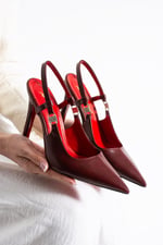 VELMORA Kadın Bordo Sivri Burun Slingback 11 cm İnce Topuk Taş Aksesuar Detaylı Ayakkabı