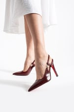 VELMORA Kadın Bordo Sivri Burun Slingback 11 cm İnce Topuk Taş Aksesuar Detaylı Ayakkabı