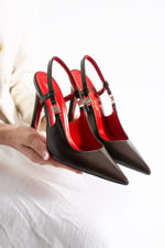 VELMORA Kadın Kahve Sivri Burun Slingback 11 cm İnce Topuk Taş Aksesuar Detaylı Ayakkabı