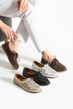 VIRENA Kadın Bej Hakiki Deri File Bağcıklı Düz Taban Yazlık Babet Loafer Ayakkabı