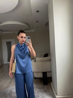 Degaje Yaka Saten Takım-İndigo - LF015