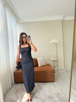 Kare Yaka Denim Elbise