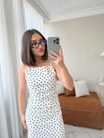Puantiyeli Denim Elbise-Beyaz