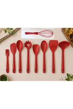 9 Parça Silikon Spatula Fırça Kaşık Kevgir Çırpıcı Makarna Kaşığı Servis Seti Kırmızı