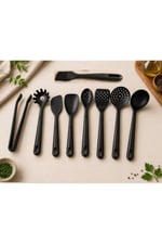 9 Parça Silikon Spatula Fırça Kaşık Kevgir Kepçe Makarna Kaşığı Servis Seti Siyah