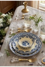 Elizabeth Bone Porselen 6 lı Pasta Tabağı Mavi Vitage 22 cm