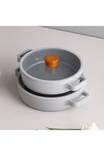 Fika Cam Kapaklı Alüminyum Döküm 2'li Sahan Seti Gri 20-22 cm