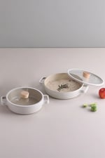 Fika Cam Kapaklı Seramik Kaplama Sahan Set 2'li 20/22 CM - Bej