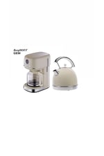 GEM RETRO 15 Bardak Filtre Kahve Makinesi ve RETRO Krem Rengi Yuvarlak Su Isıtıcısı Kettle Seti