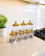 Twinkle 7 li Cam Ve Porselen Gold Metal Kapaklı Baharat Takımı Mavi Çiçekli