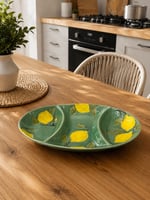 Twinkle Amalfi Garden Limon Desenli 3 Bölmeli Oval Sunum Kahvaltı Çerez Sos Tabağı Yeşil 36 cm