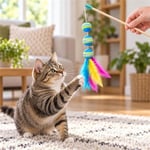 Ahşap Saplı 3 Toplu Kedi Olta Oyuncağı