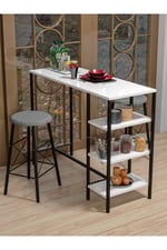 RETODESİGN BEYAZ RAFLI YUVARLAK TABURELİ BAR TAKIMI 4651A