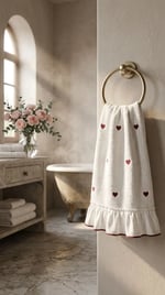 %70 Bambu %30 Pamuk Kalp Nakışlı Fırfırlı Havlu - 30x50 cm ve 50x90 cm Lüks El Yüz Havlusu