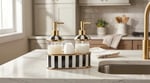 Angel Home Siyah Beyaz Çizgili Gold Detaylı İkili Mutfak Sıvı Sabunluk Seti - Sünger Hazneli