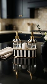 Angel Home Siyah Beyaz Çizgili Gold Detaylı İkili Mutfak Sıvı Sabunluk Seti - Sünger Hazneli