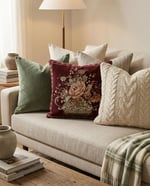 Leke Tutmaz Şönil Dokuma Goblen Kırlent Kılıfı 45x45 cm Çiçek Desenli Vintage Kırlent Kılıfı - Bordo