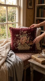 Leke Tutmaz Şönil Dokuma Goblen Kırlent Kılıfı 45x45 cm Çiçek Desenli Vintage Kırlent Kılıfı - Bordo
