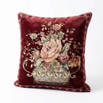 Leke Tutmaz Şönil Dokuma Goblen Kırlent Kılıfı 45x45 cm Çiçek Desenli Vintage Kırlent Kılıfı - Bordo