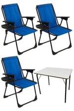 Natura 3 Adet Kamp Sandalyesi Piknik Sandalye Oval Bardaklıklı Mavi + Katlanır MDF Masa