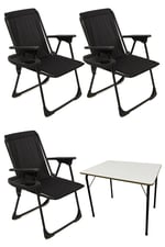 Natura 3 Adet Kamp Sandalyesi Piknik Sandalye Oval Bardaklıklı Siyah + Katlanır MDF Masa