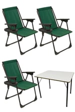 Natura 3 Adet Kamp Sandalyesi Piknik Sandalye Oval Bardaklıklı Yeşil + Katlanır MDF Masa