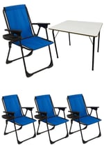 Natura 4 Adet Kamp Sandalyesi Piknik Sandalye Oval Bardaklıklı Mavi + Katlanır MDF Masa