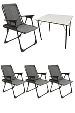 Natura 4 Adet Kamp Sandalyesi Piknik Sandalye Oval Bardaklıklı Gri + Katlanır MDF Masa
