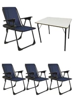 Natura 4 Adet Kamp Sandalyesi Piknik Sandalye Oval Bardaklıklı Lacivert + Katlanır MDF Masa