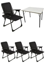 Natura 4 Adet Kamp Sandalyesi Piknik Sandalye Oval Bardaklıklı Siyah + Katlanır MDF Masa