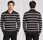 Polo Yaka Yarım Fermuarlı Çizgili Desenli Triko Sweatshirt - KAHVE    ST 508
